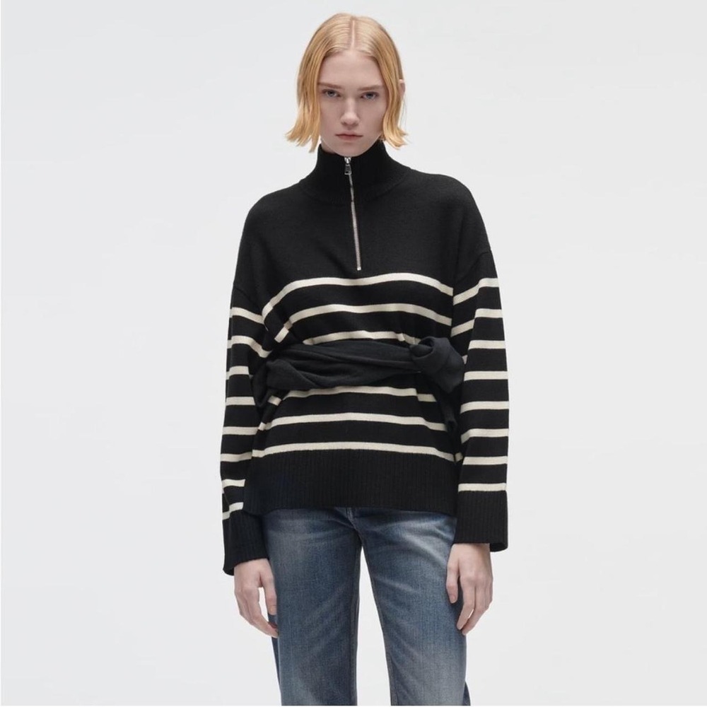 ZARA Zipped Striped Sweater Quarter Zip Black Ivory Pullover Knitwear Mock Small
